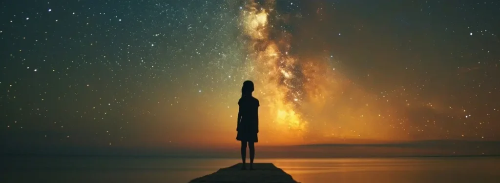 uma silhueta de uma garota em pé em um cais olhando para as estrelas