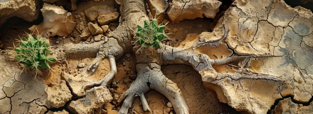 um cacto crescendo na raiz de uma árvore