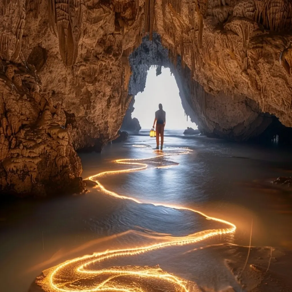 uma pessoa em pé em uma caverna com luzes no chão