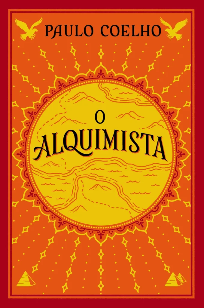 Uma capa de livro com design amarelo e vermelho escrito: O Alquimista
