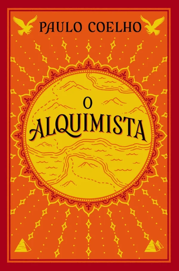 Uma capa de livro com design amarelo e vermelho escrito: O Alquimista