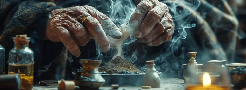 Uma alquimista realizando experimentos com manipulação de elementos em um tubo de ensaio.