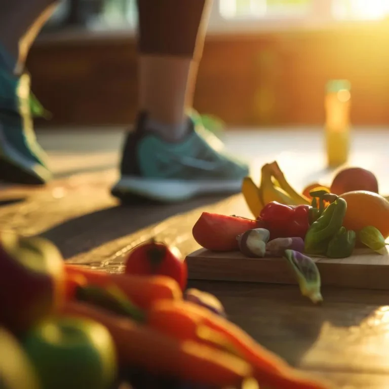 Nutrição e Exercício -Os Pilares-Da Saúde Mental - Imagem: Os pés de uma pessoa e uma tábua de cortar com frutas e legumes