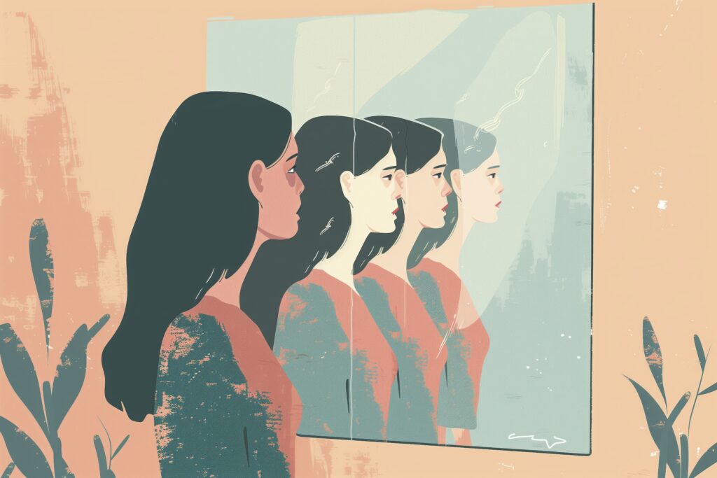 Saúde Mental - Ilustração - Mulher olhando para o espelho, com semblante abatido